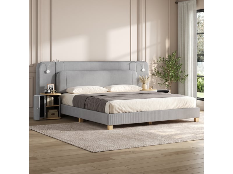  Lit rembourré 180x200 cm éclairage led velours côtelé gain de place pour chambre enfant ou adulte moderne gris OPULERANE TRADING LTD - Conforama C
