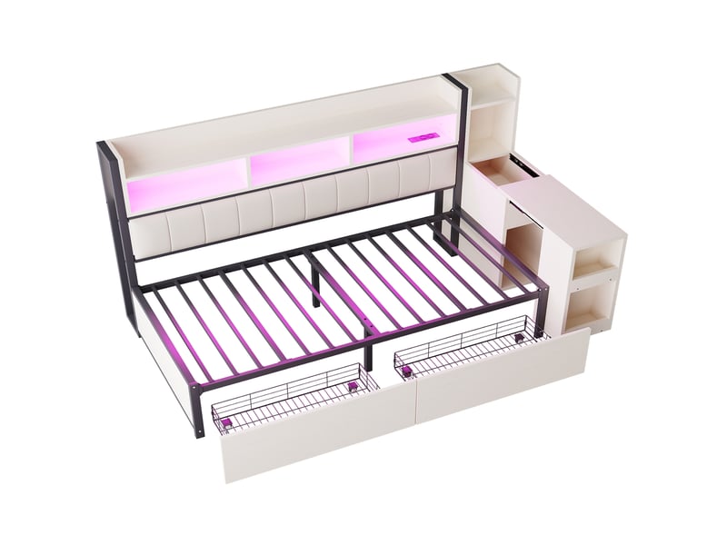  Lit multifonction 90x200cm rangements tiroirs bureau coulissant prises led charge 120kg métalbois blanc sans matelas  - Conforama A