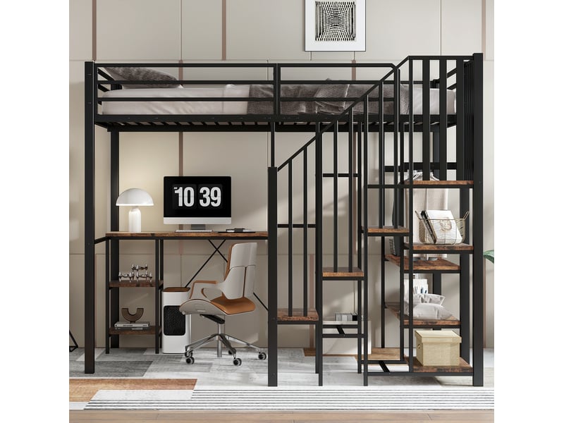  Lit mezzanine enfant 120x200 cm – noir et bois vintage – bureau, rangements et penderie ouverte intégrés  - Conforama B