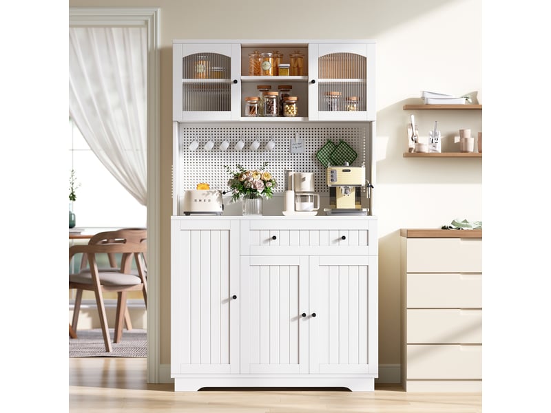  Buffet de cuisine - 103.5x40x180cm - meuble haut avec vitrine panneau perforé tiroir et placards modulables - blanc  - Conforama D