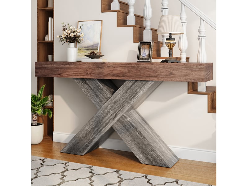  Table console avec pieds en x, console étroite, effet bois, aggloméré, pour couloir et salon, table d'appoint  - Conforama E