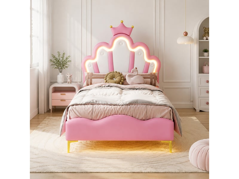 Lit enfant princesse avec led 90x200 cm en similicuir rose - Conforama D