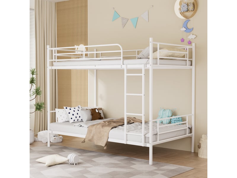  Lit superposé 90x190 cm, structure métallique, coloris blanc, escalier sécurisé, garde-corps, conception fonctionnelle, gain de place optimisé  - Conforama B