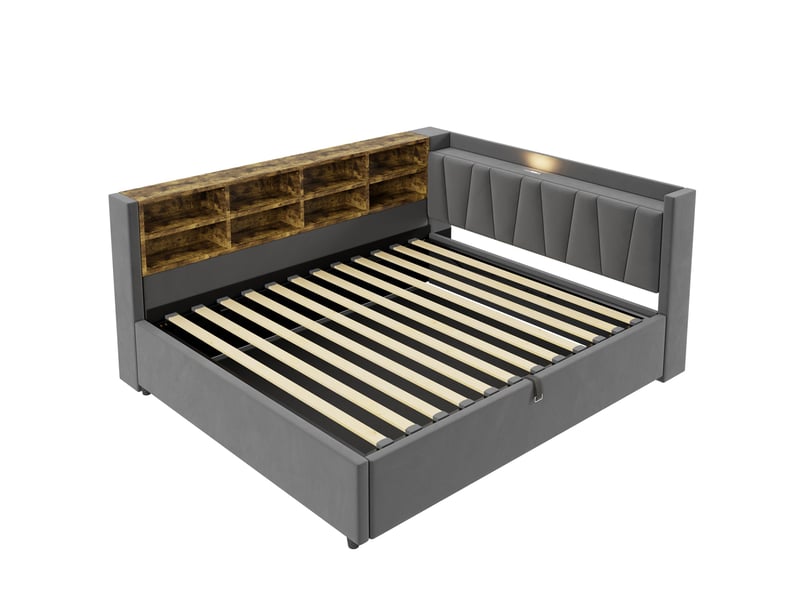 Lit banquette enfant 140 x 200 cm avec rangement hydraulique, veilleuse, usb et type-c, velours gris foncé Fay Lum - Conforama A