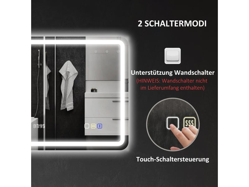  Miroir de salle de bain led 70x90 cm, miroir mural avec fonction musique bluetooth, horloge intégrée, anti-buée ip44 et 3 couleurs d'éclairage.  - Conforama R
