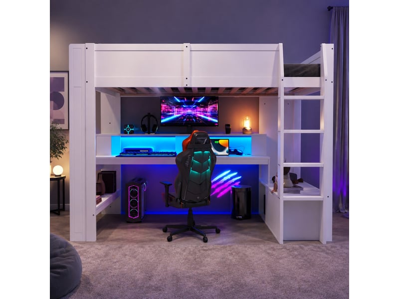  Lit mezzanine enfant 200×90 cm avec bureau, étagères, tiroirs et éclairage led, sans matelas, en bois blanc  - Conforama B