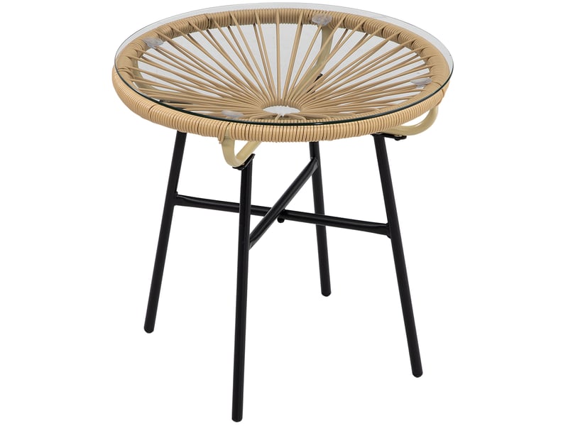  Table d'appoint de jardin ronde 50 x 50 x 50 cm beige et noire, verre trempé et résine tressée, terrasse  - Conforama A
