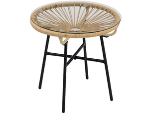 Table d'appoint de jardin ronde 50 x 50 x 50 cm beige et noire, verre trempé et résine tressée, terrasse