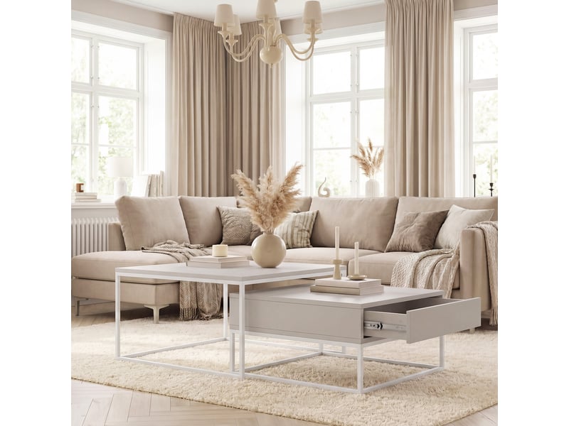  Tables basses gigognes elegant - 7060 cm - avec grand tiroir - structure en acier - blanc cachemire ELEGANT - Conforama D