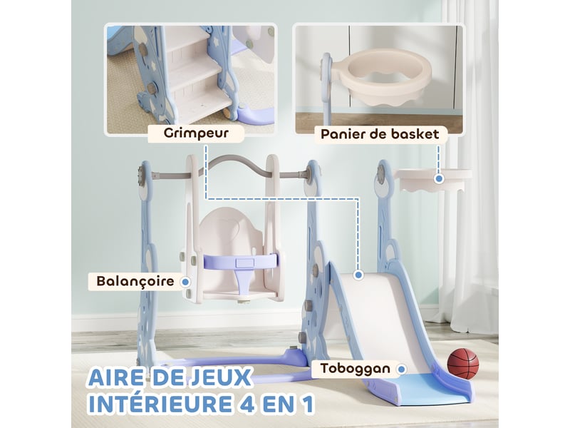  Toboggan et balançoire pour enfants 4 en 1 avec panier de basket et échelle, 147,5 x 160 x 107 cm, bleu clair  - Conforama D