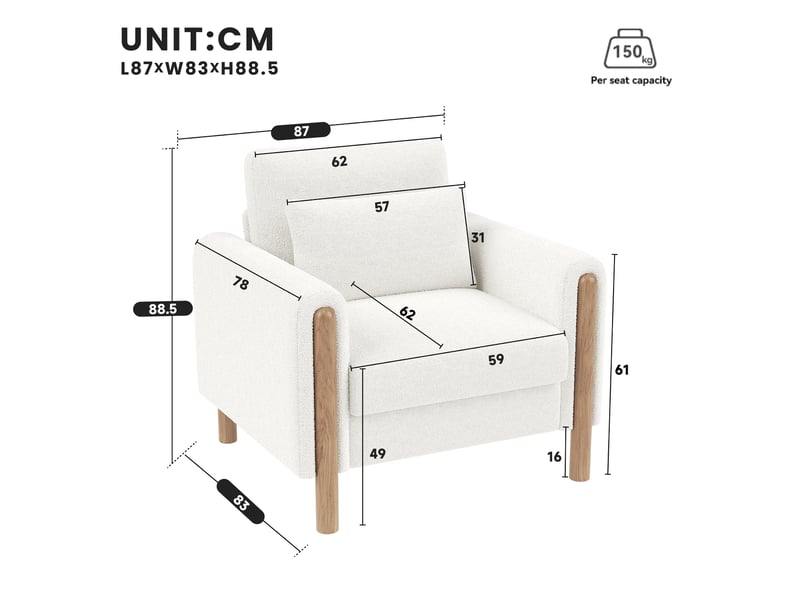  Fauteuil lounge 1 place en tissu bouclette blanc, coussin amovible et assise épaisse pour votre intérieur  - Conforama C