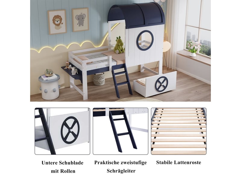  Lit superposé 90 x 200 cm lit mi-haut toit et fenêtre tiroir inférieur à roulettes échelle inclinée à deux niveaux  - Conforama E