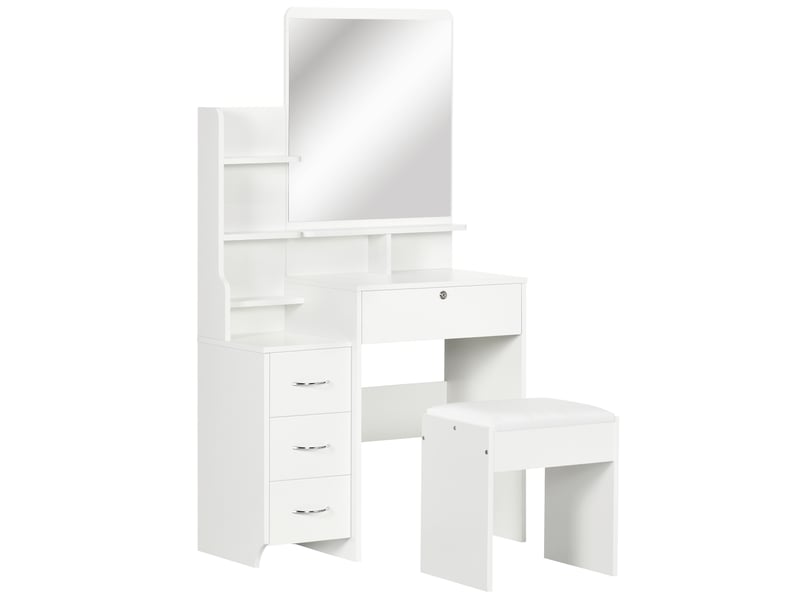  Coiffeuse blanche avec miroir et tabouret rembourré, 4 tiroirs et 4 étagères, 80 x 38 x 143 cm  - Conforama A