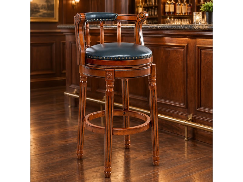  Tabouret de bar pivotant pivotante 360° 55x55x96 cm, assise 74,9 cm, dossier courbé, cuir véritable, bois bleu  - Conforama B