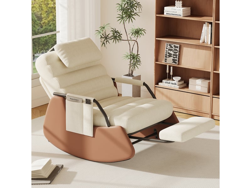Fauteuil à bascule - 67 x 91,5 x 92 cm - beige - en tissu velours côtelé - chaise à bascule inclinable avec repose-pieds et appuie-tête - Conforama C