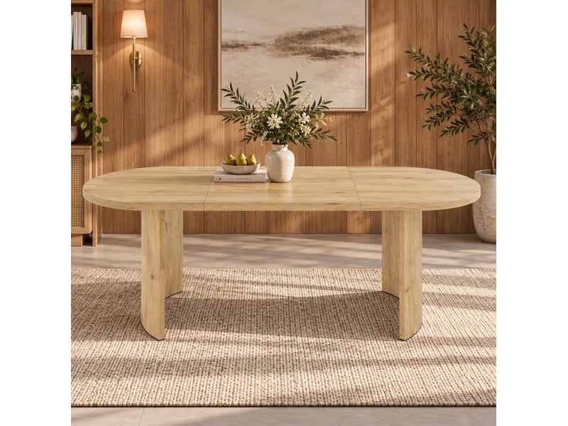 Table de salle à manger pour 6 à 8 personnes avec plateau aux coins arrondis et pieds courbés en mdf coloris chêne - Conforama D