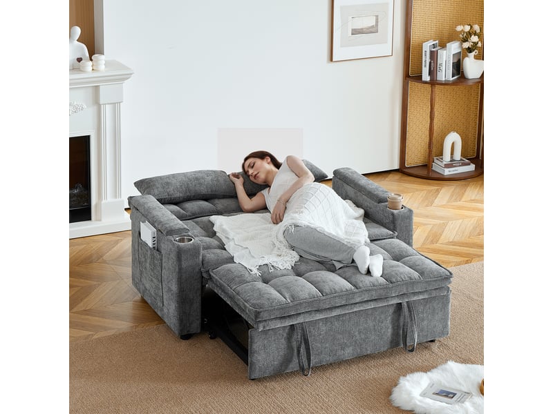  Canapé-lit convertible 3-en-1 142 cm, avec rangement, porte-gobelets, poches latérales et 2 coussins lombaires - gris  - Conforama E