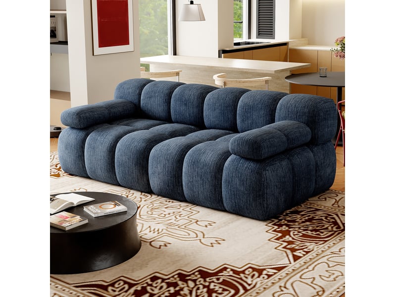  Canapé droit 2 places compressé 200x100x68 cm, pour salon, meuble de salon, en mousse douce et tissu chenille, bleu  - Conforama E