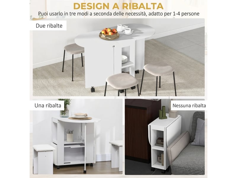 Table de salle à manger pliante pour 2 à 4 personnes, 120 x 60 x 77 cm, avec 6 roulettes, 2 étagères à niveaux, 2 portes rabattables, gain de place, blanche  - Conforama D