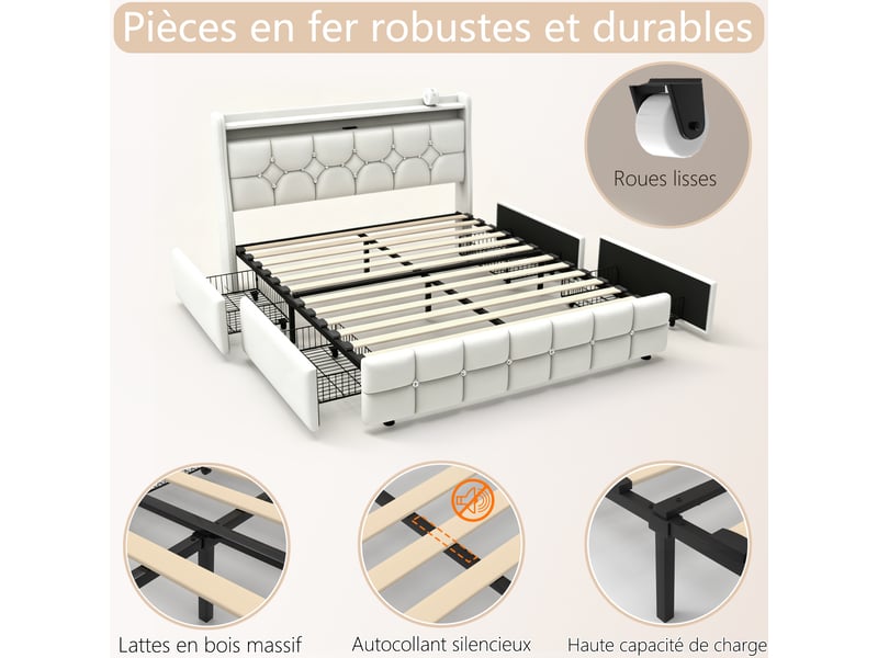  Lit 140x200 cm blanc avec 4 tiroirs rangement, led, ports usb+type-c sans matelas EBD859F-WH - Conforama W