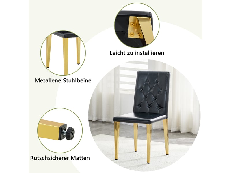  Chaises de salle à manger lot de 4 avec dossier matelassé  - pieds métal doré, simili cuir noir  - Conforama E