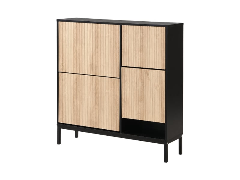  Meuble à chaussures noir et bois avec tabouret à langer, étagère à chaussures à trois volets et espace de rangement ouvert  - Conforama E
