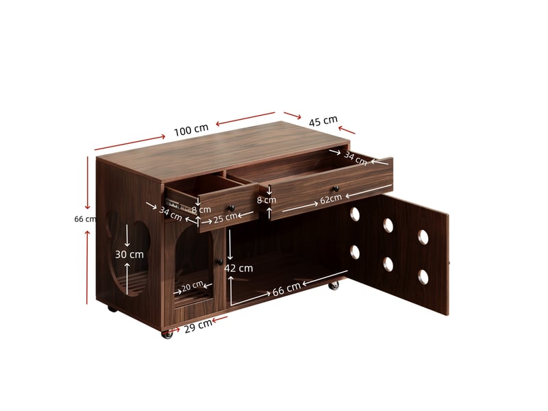 Meuble cache-litière à roulettes 100x45x66 cm – noyer – 2 tiroirs, portes ventilées, plaque amovible - Conforama C