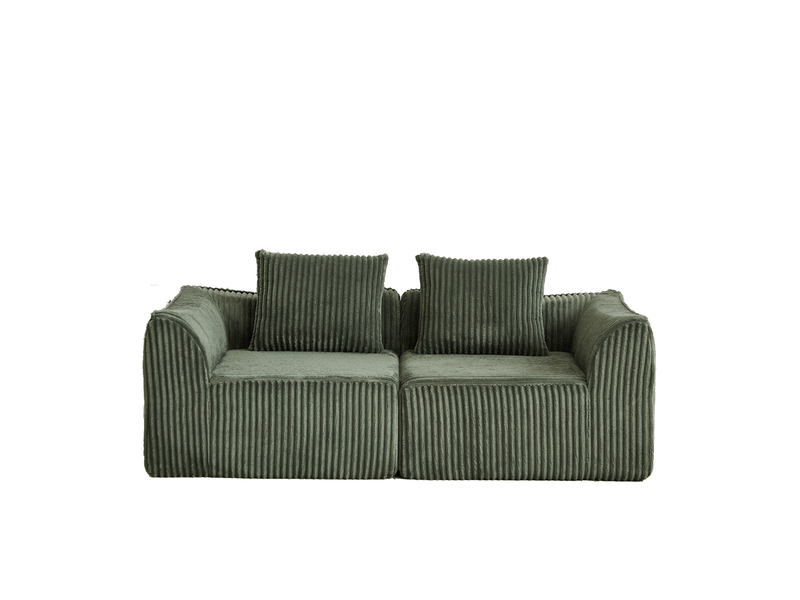 Canapé droit modulaire en velours côtelé vert, canapé 2 places, lignes courbes, avec 2 coussins, sans montage  - Conforama A