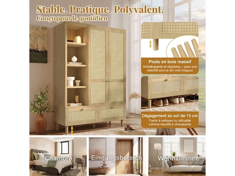  Armoire penderie 2 portes en rotin tressé style campagne, chêne avec étagères ouvertes, 180x120x50 cm  - Conforama D