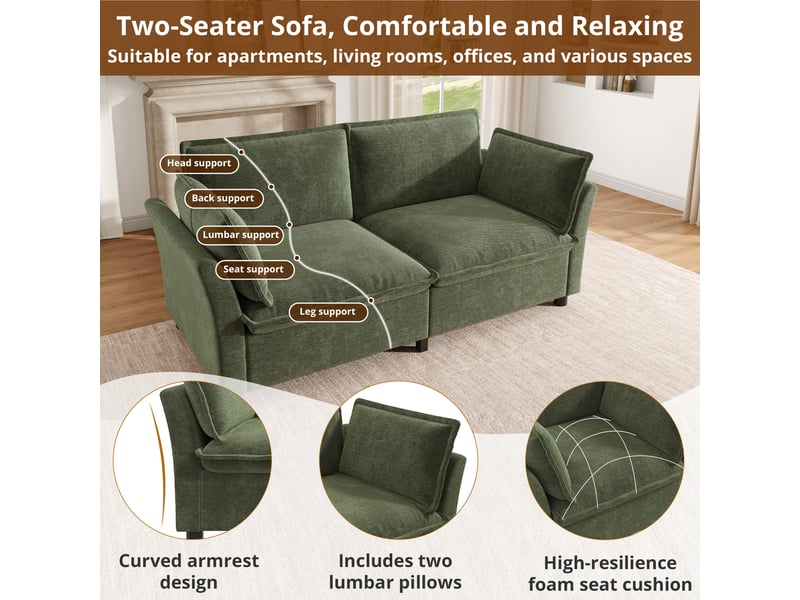Canapé 2 places en tissu chenille vert, 2 coussins d'accoudoir, montage facile, 155×81×87 cm - Conforama D
