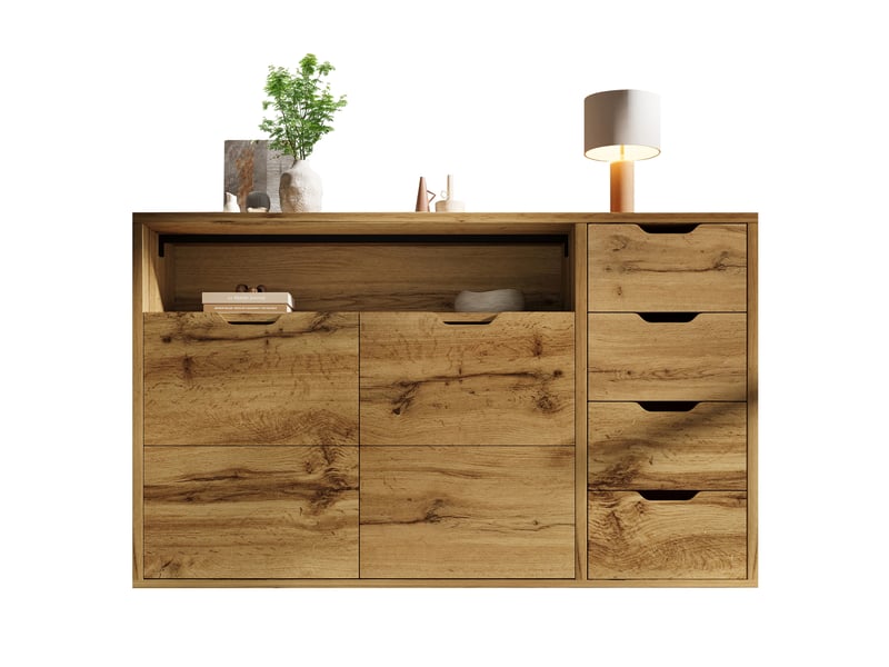  Commode avec 2 portes, 4 tiroirs, niche et étagères réglables pour salon en mdf 150×40×90 cm chêne  - Conforama A