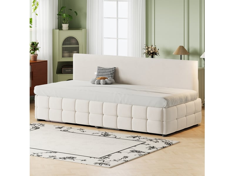  Lit enfant 90 x 200 cm style moderne rangement confort sans accoudoirs motif à carreaux velours beige avec matelas  - Conforama B