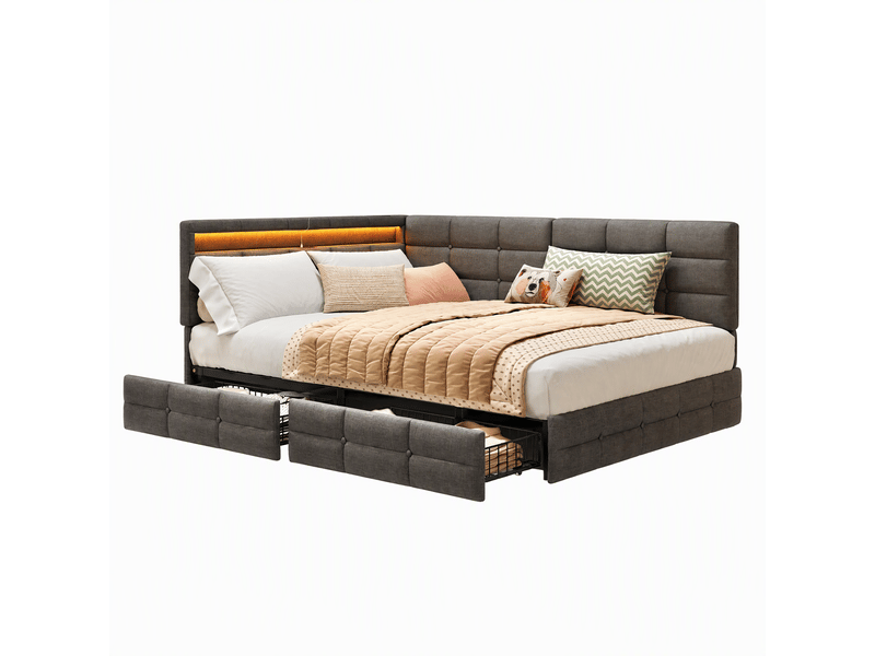  Lit banquette 140x200 cm avec led et port usb, canapé-lit rembourré avec tiroir rangement lit jeune avec sommier à lattes gris lin, sans matelas  - Conforama A