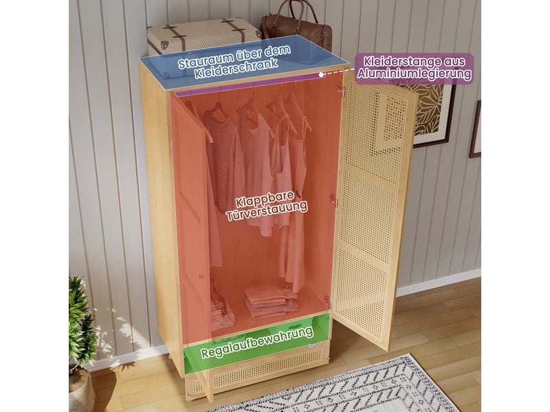 Armoire 2 portes avec tringle, armoire à vêtements style rotin, rangement avec couvercle rabattable, naturel - Conforama R