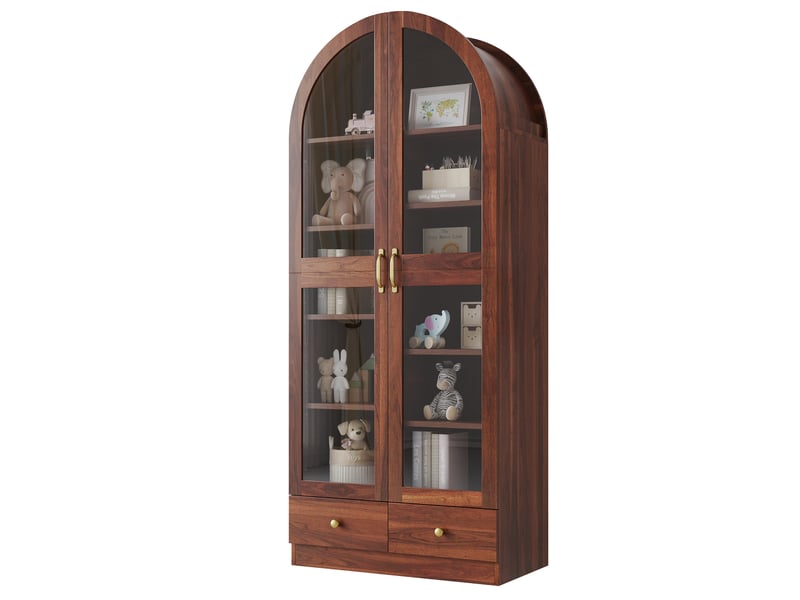  Vitrine arquée 76x40x180 cm noyer avec portes vitrées, rangement multi-niveaux et 2 tiroirs Fay Lum - Conforama A