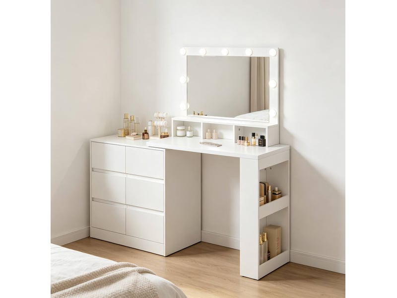  Coiffeuse blanche avec miroir led rectangulaire et rangements  - Conforama D
