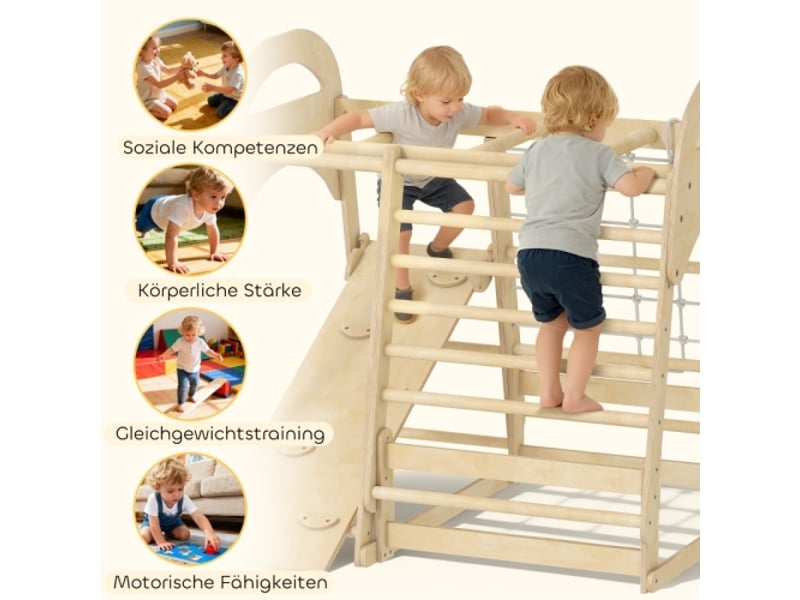  Structure d’escalade enfant 6 en 1 en bois, toboggan, mur, échelle, filet, barreaux, 3-6 ans  - Conforama D