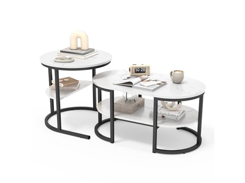 Lot de 2 tables basses gigognes ovale et ronde - 80 x 46 x 41 cm-noir - table de salon avec effet marbre et étagère de rangement  - Conforama A