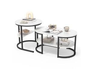 Lot de 2 tables basses gigognes ovale et ronde - 80 x 46 x 41 cm-noir - table de salon avec effet marbre et étagère de rangement