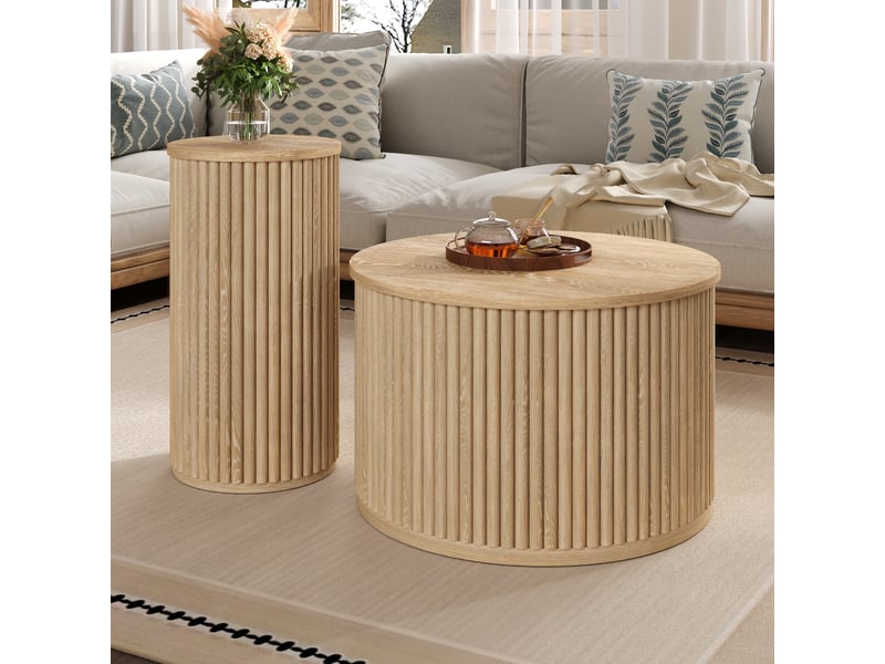  Table basse ronde double ensemble table basse bois nature mdf avec rayures 3d pour salon  - Conforama B