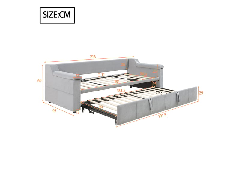  Canapé-lit capitonné 90 ou 180*190 cm avec bluetooth, usb et rangements, velours gris clair  - Conforama B