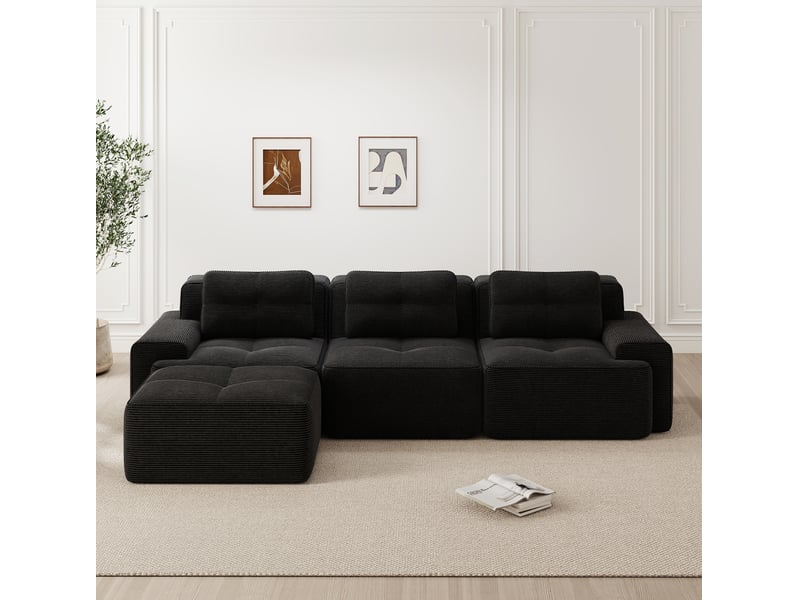 Canapé d'angle modulable 3 places en velours côtelé noir avec pouf, sans montage, idéal pour le salon - Conforama B