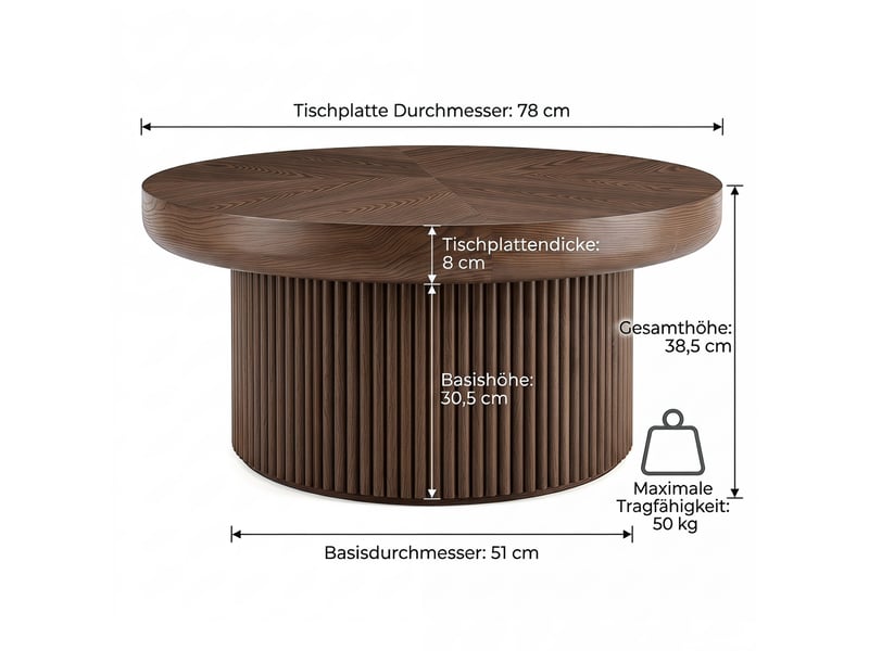  Table basse ronde 78x78x38,5 cm à plateau effet bois laqué couleur marron, design moderne  - Conforama C