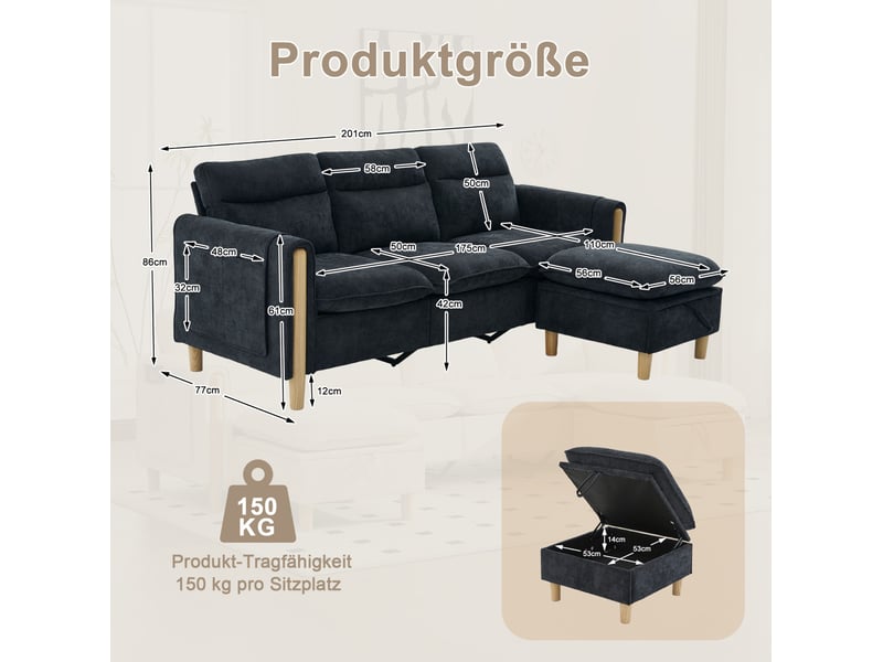  Canapé d'angle 3 places en tissu noir, méridienne réversible et pouf de rangement, esprit scandinave  - Conforama C