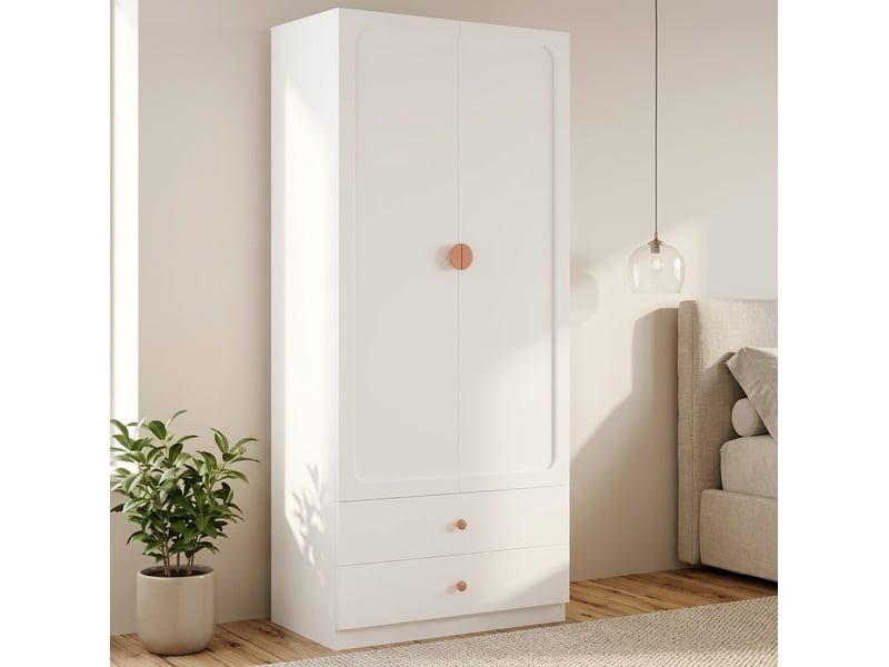  Armoire 90x45x200 cm avec 2 tiroirs, tringle et poignée en bois, coloris blanc, meuble de rangement chambre et dressing  - Conforama E