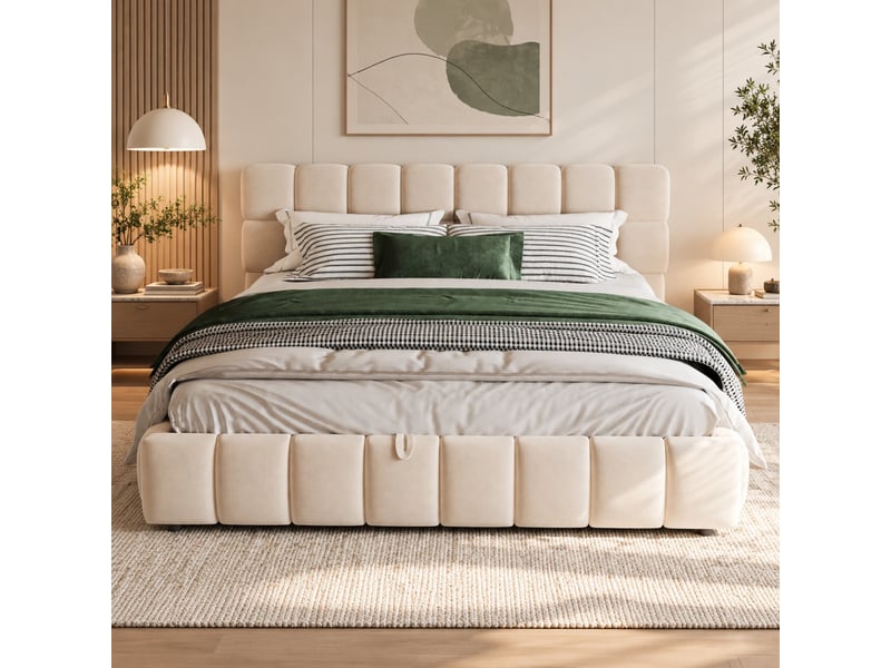  Lit coffre capitonné 140x190 cm beige en velours, rangement hydraulique et tête de lit rembourrée, sans matelas  - Conforama E