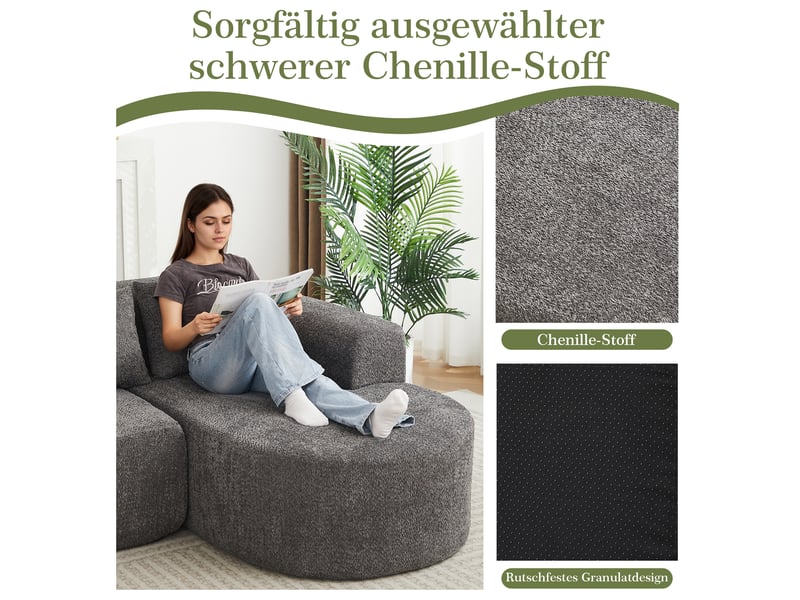 Canapé d’angle droit 3 places 222x157 cm - méridienne droite, design arrondi wabi-sabi, 3 coussins inclus, canapé chenille gris - Conforama D