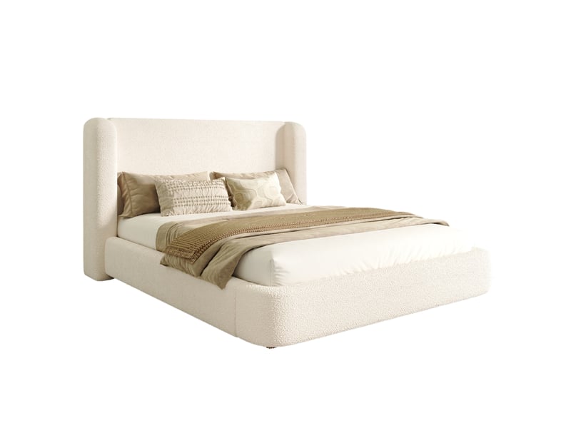  Lit coffre double 140x200 cm bouclette beige avec sommier à lattes  - Conforama A