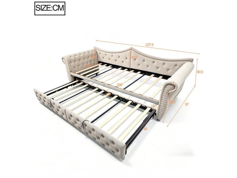  Lit rembourré 3-en-1, 90180x200 cm, avec port de chargement usb, éclairage d'ambiance led, velours beige  - Conforama C