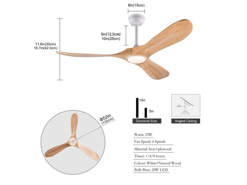 Ventilateur de plafond 52 pouces avec éclairage led dimmable, télécommande, 6 vitesses, bois clair et blanc - Conforama C